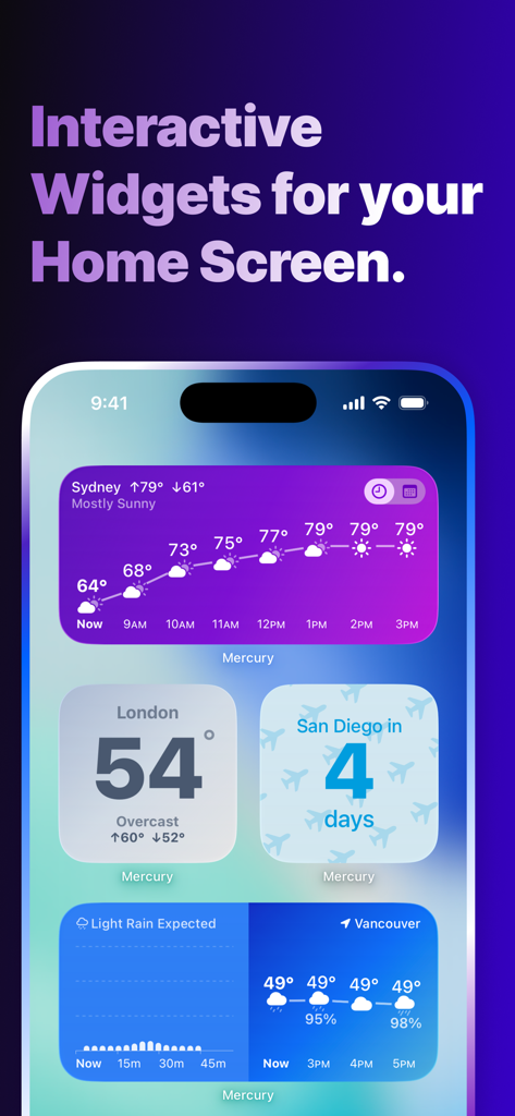 Interactive Mercury Weather home screen widgets on an iPhone.