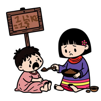 poor girl with blank sign trying to feed her little brother