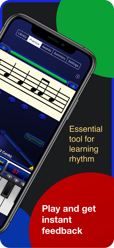 Rhythm Trainer by Rhythmicity - Rhythm Trainer app interface showing musical notes and sight reading practice on a smartphone
