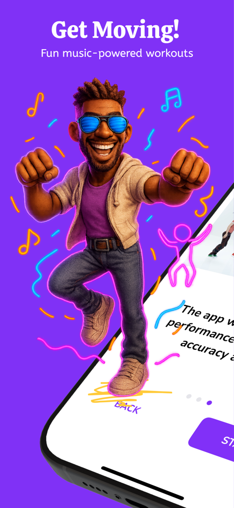 UDOIT: Dance Fitness & Workout - A joyful character dancing with neon music notes on a purple background for the UDOIT fitness app