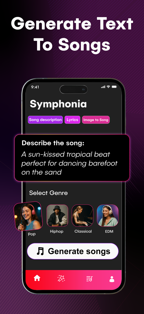 SUR - AI Music Generator - The SUR app interface displaying the text to song generation tool and genre selection icons.