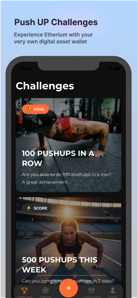 Tela de aplicativo móvel do Desafios PushUP mostrando metas de treino de flexão e rastreamento de progresso.