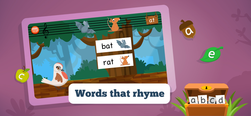 Juego de rimas de la aplicación Joy of Reading con las palabras 'bat' y 'rat' e ilustraciones de animales del bosque.