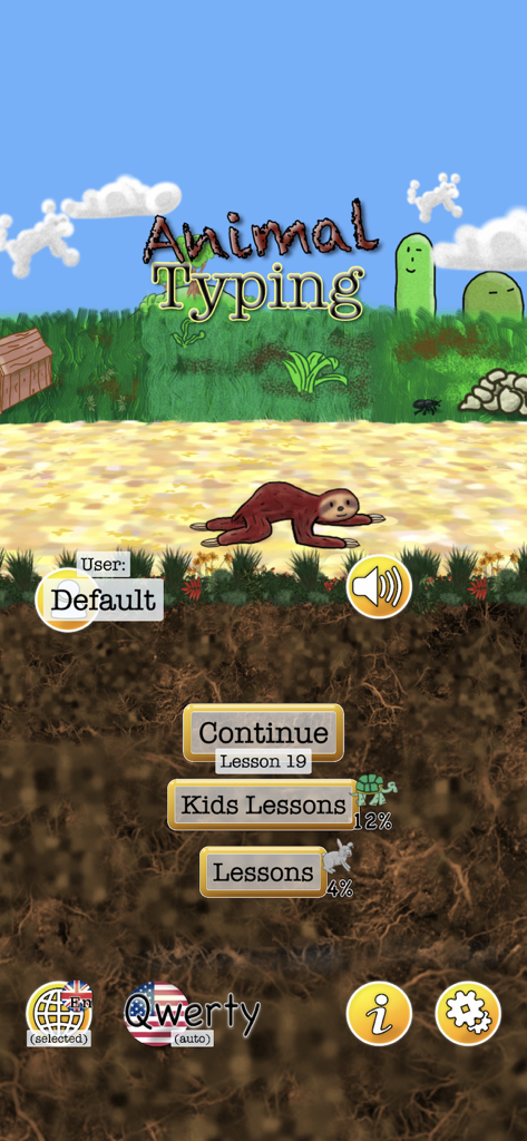 The main menu of the Animal Typing Lite app showing a sloth character and options for kids lessons