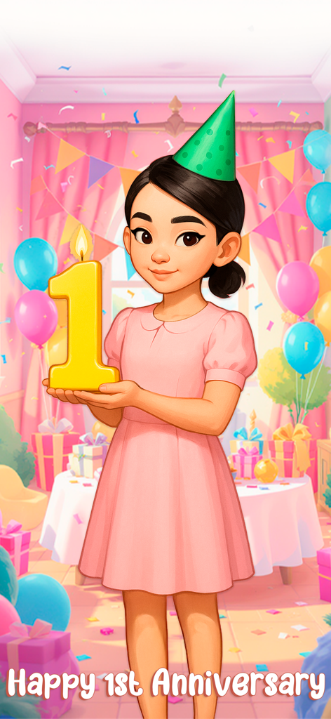 Merge Away! - Puzzle Adventure - A character in a pink dress holding a gold number one candle for the Merge Away first anniversary