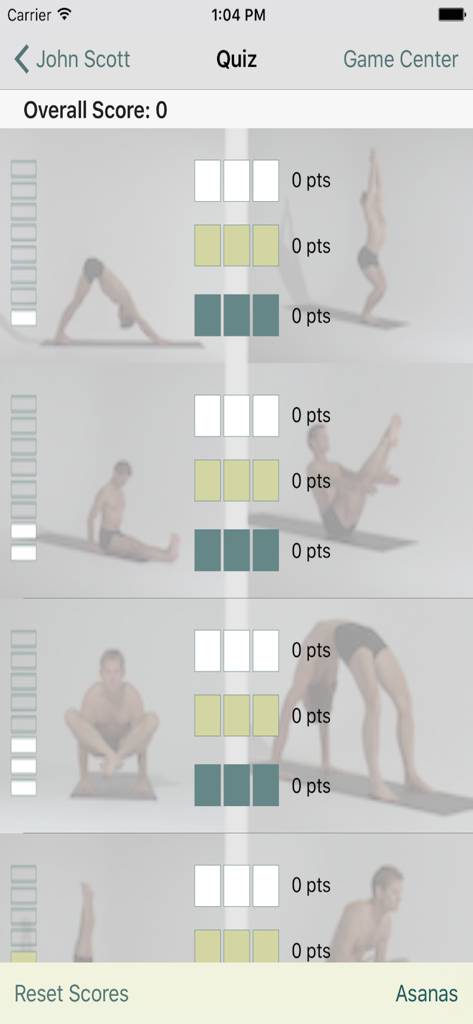 Interfaz del cuestionario de la aplicación John Scott Yoga que muestra varias posturas de yoga con puntuación y seguimiento del progreso