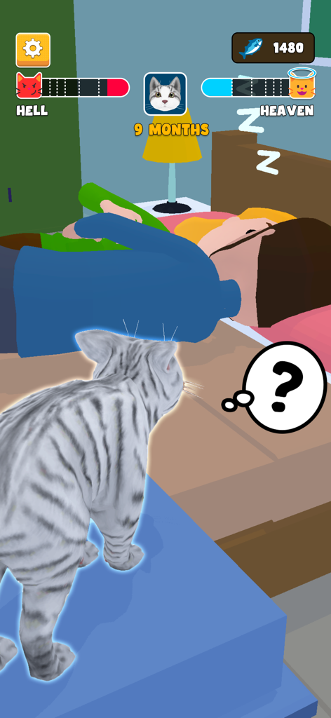 Gameplay-Screenshot von Cat Life Pet Simulator 3D, der eine Katze zeigt, die zwischen guten und unartigen Handlungen in der Nähe einer schlafenden Person wählt.