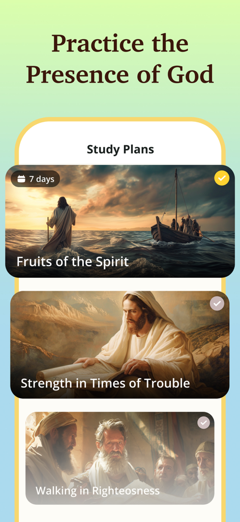 Bible Path: Prayers & Widgets - 聖書パスアプリのスクリーンショット。聖霊の果実や困難な時の強さなどの聖書研究計画が表示されています。