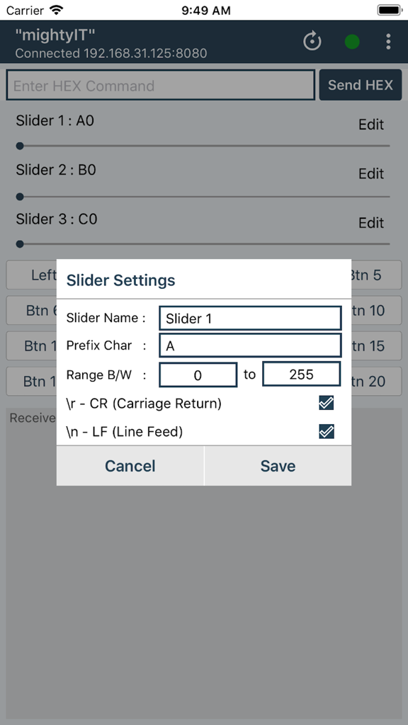 Configuration modal for slider settings in the WiFi Controller ESP8266 app showing prefix character and range options