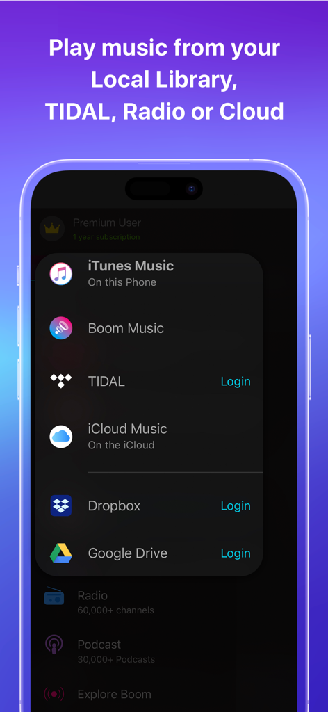 Boom app interface showing music source options including TIDAL, iTunes, and cloud storage like Google Drive and Dropbox