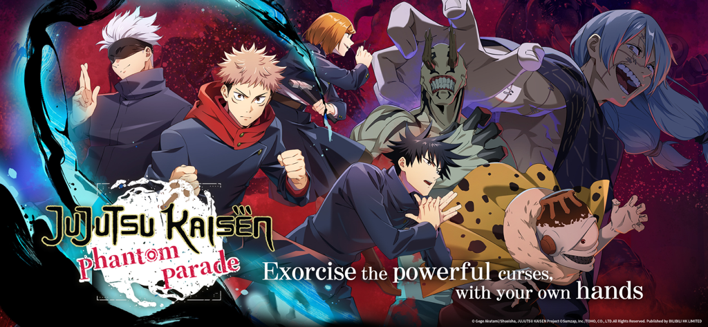 Promotional artwork for Jujutsu Kaisen Phantom Parade featuring main characters Yuji Itadori and Satoru Gojo alongside powerful cursed spirits.