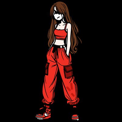 girl in baggy pants crop top and long hair