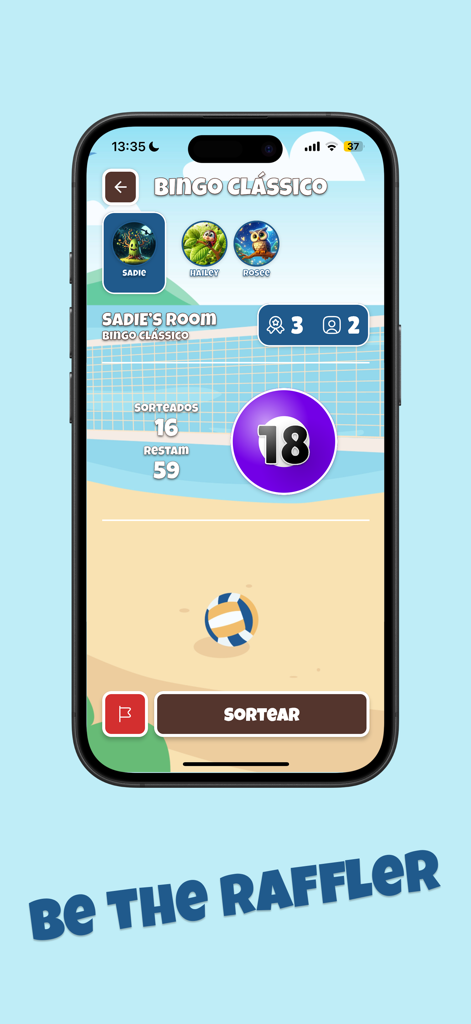 Themed Bingo - Interfaz de la aplicación Bingo Temático que muestra la pantalla clásica de sorteo con un gran número de bola 18 y un botón de ordenación sobre un fondo temático de playa.