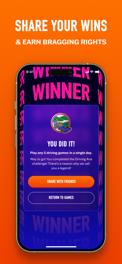 D&B Rewards - Ein Dave and Buster's App-Bildschirm, der eine abgeschlossene Fahr-Herausforderungs-Abzeichen mit Optionen zum Teilen mit Freunden oder zur Rückkehr zu Spielen anzeigt.
