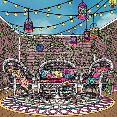 a bohemian outdoor patio surrounded by lush plants, wicker furniture with layered textiles, patterned outdoor rug, string lights and lanterns, detailed brick wall and ivy, dappled sunlight, highly intricate black and white line art adult coloring page