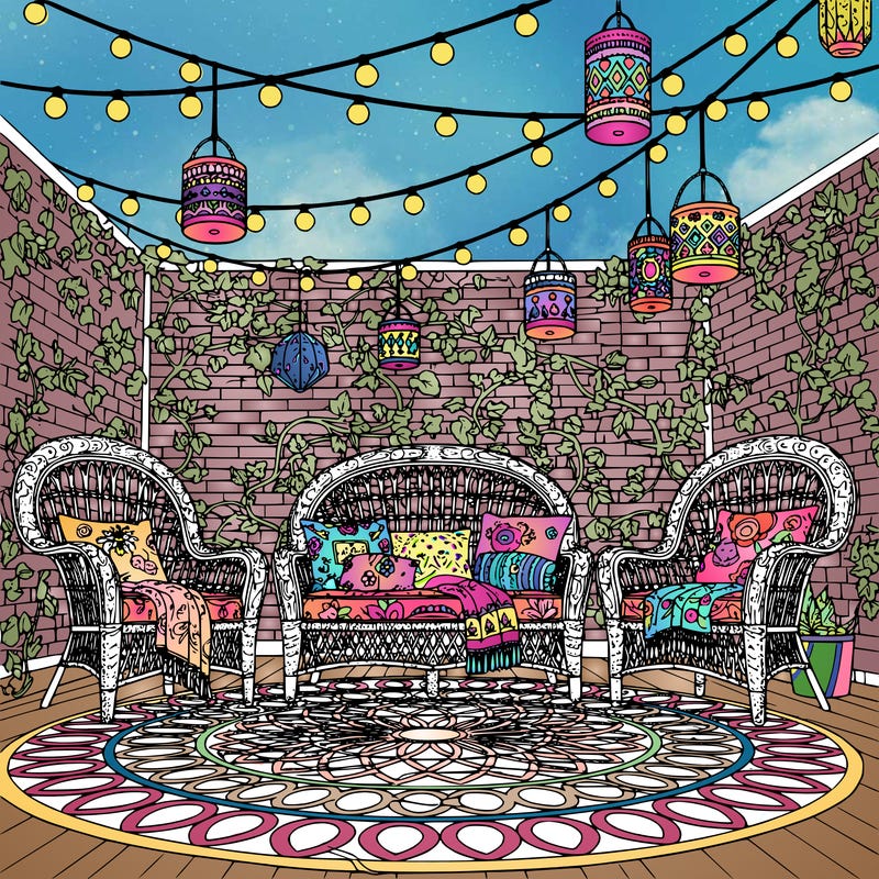 a bohemian outdoor patio surrounded by lush plants, wicker furniture with layered textiles, patterned outdoor rug, string lights and lanterns, detailed brick wall and ivy, dappled sunlight, highly intricate black and white line art adult coloring page