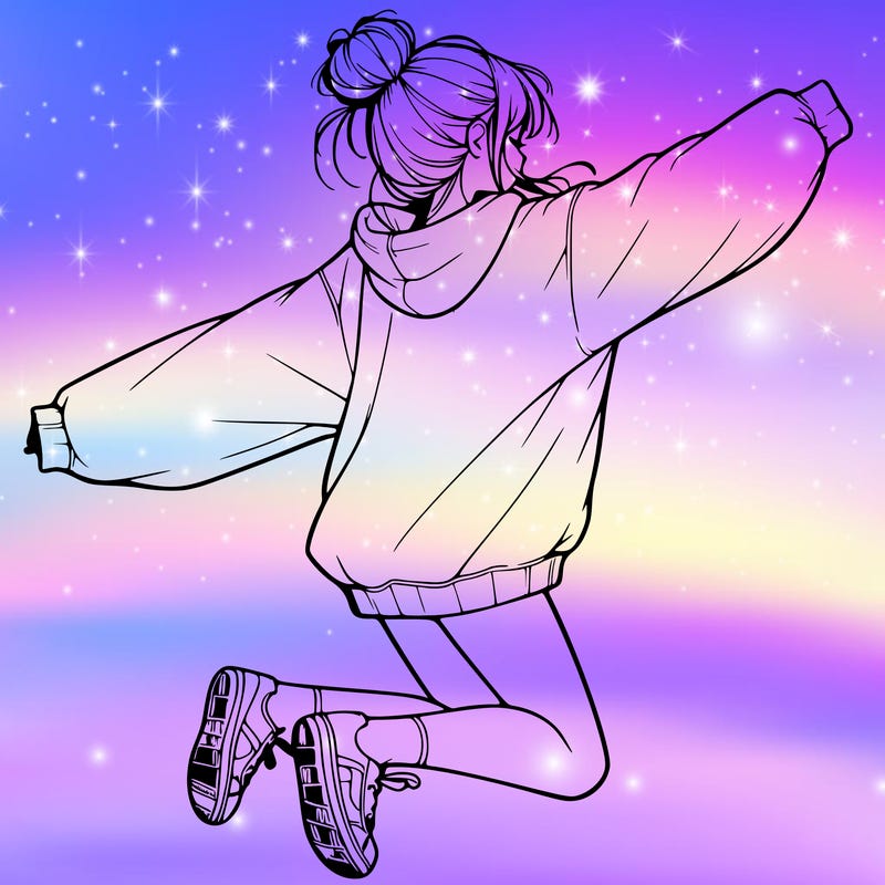 realistic girl jumping with a bun and oversized sweatshirt