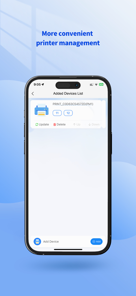 LXED - LXED app interface displaying the added devices list for mobile ticket printer management
