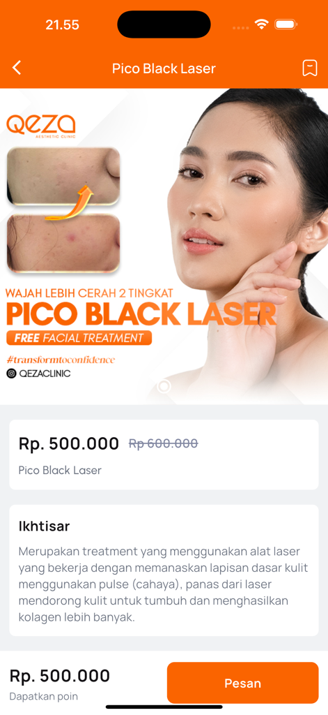 Qeza Care - Interfaz de la aplicación Qeza Care que muestra detalles del tratamiento de piel Pico Black Laser, incluido el precio y un botón de reserva.