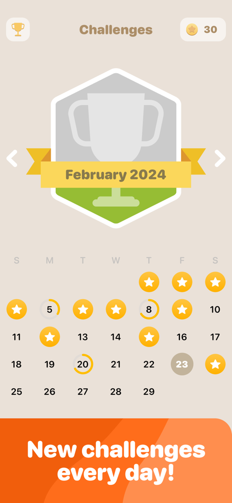 Country Quest: Guess Countries - Calendario de desafíos diarios en la aplicación Country Quest que muestra cuestionarios de geografía completados con iconos de estrellas y un trofeo mensual.