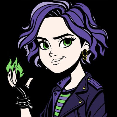 a teenage girl with short wavy hair, a smirk, fingerless gloves, black nails, leather jacket and a flame in her palm, descendants