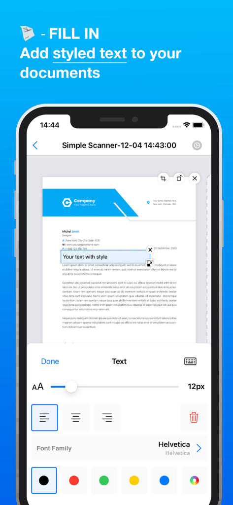 Simple Scanner: Fast Converter - Mobile app screen showing the fill in feature to add and style text on a scanned document
