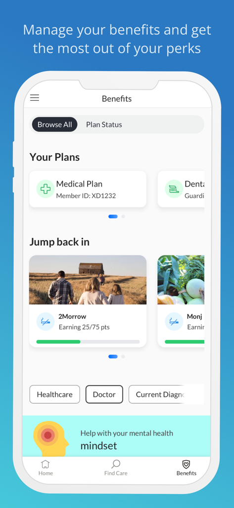 Engage Wellbeing - Engage Wellbeing app screen showing medical plans and health rewards progress