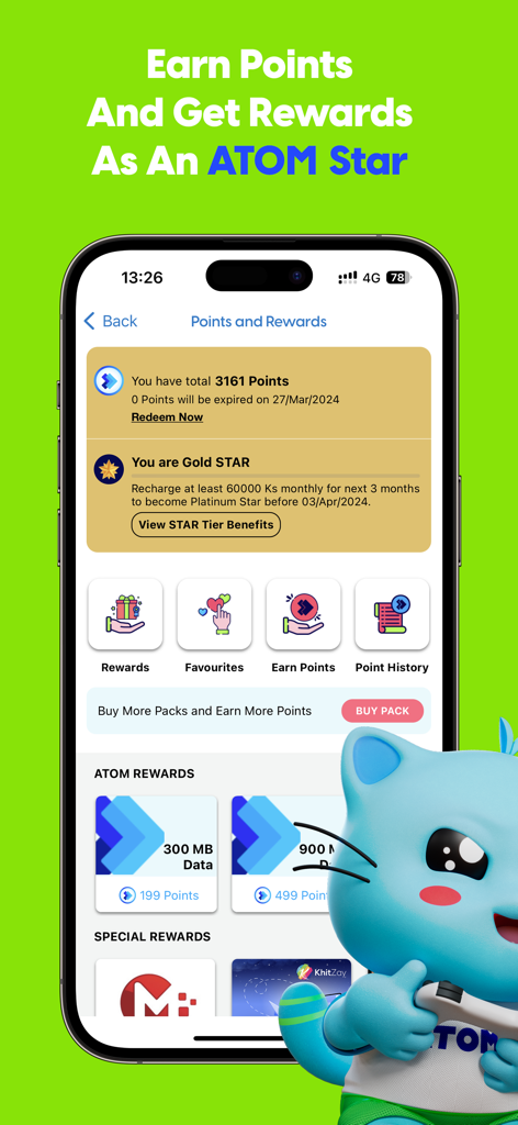 Interfaz de la aplicación ATOM Store que muestra el sistema de puntos y recompensas para miembros de ATOM Star