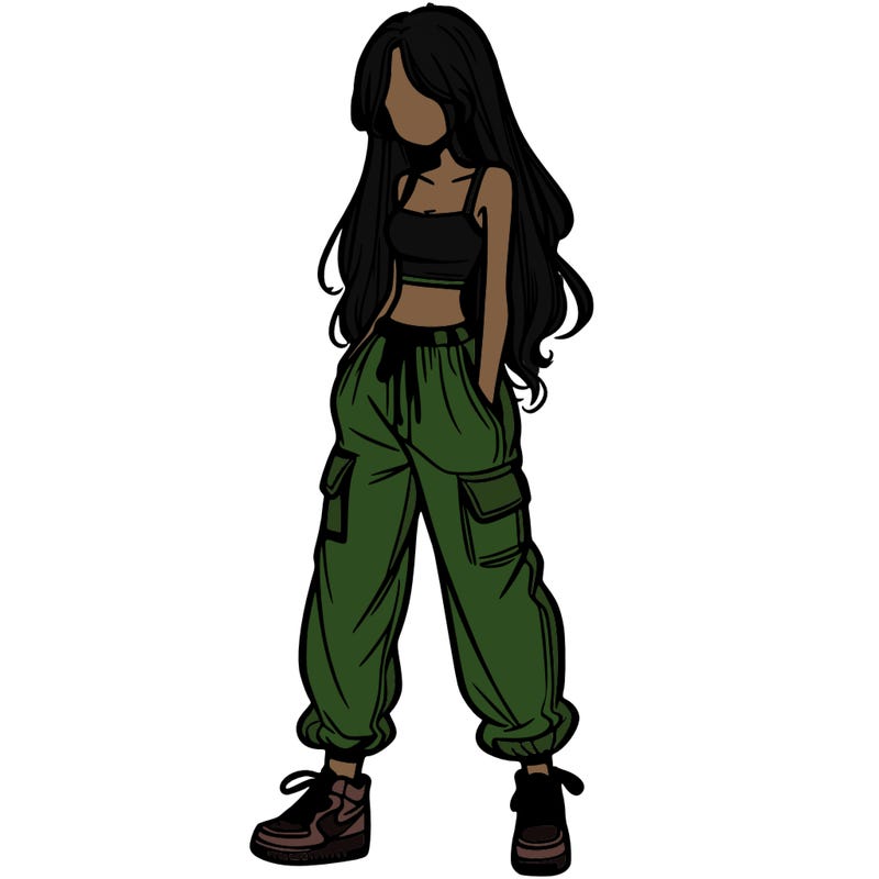 girl in baggy pants crop top and long hair
