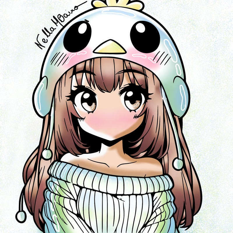 anime girl with chick shaped hat with sweater with bare shoulders with bangs covering them one eye with low tail