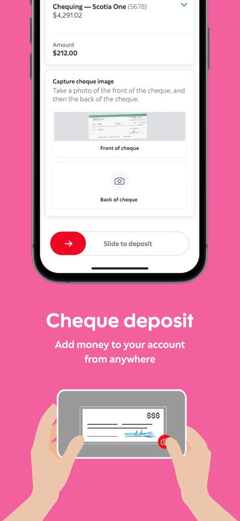 Scotiabank - Capture d'écran de l'application mobile Scotiabank affichant la fonction de dépôt de chèques mobile