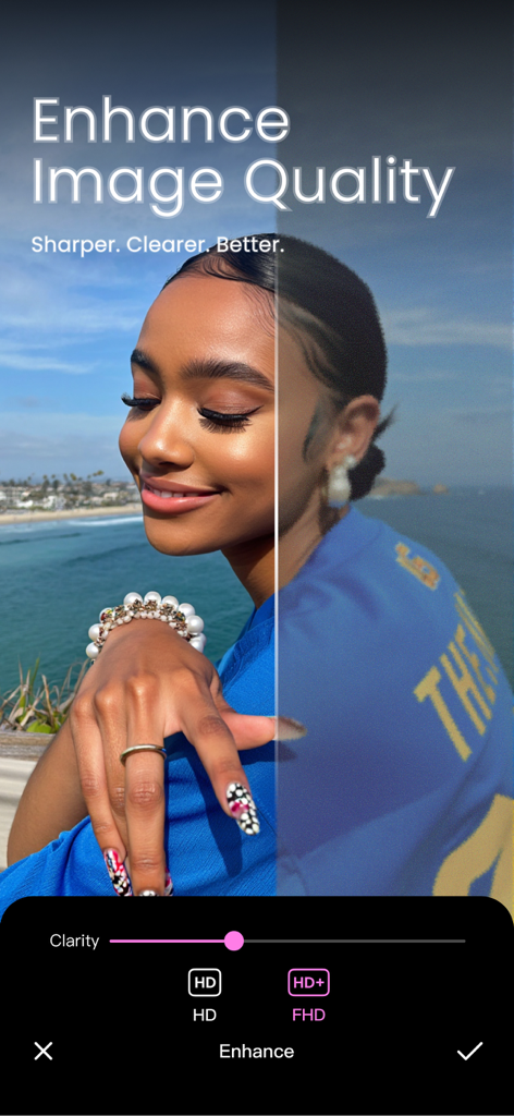 Comparación de antes y después de un retrato usando la función de mejora de calidad de imagen HD de BeautyCam.