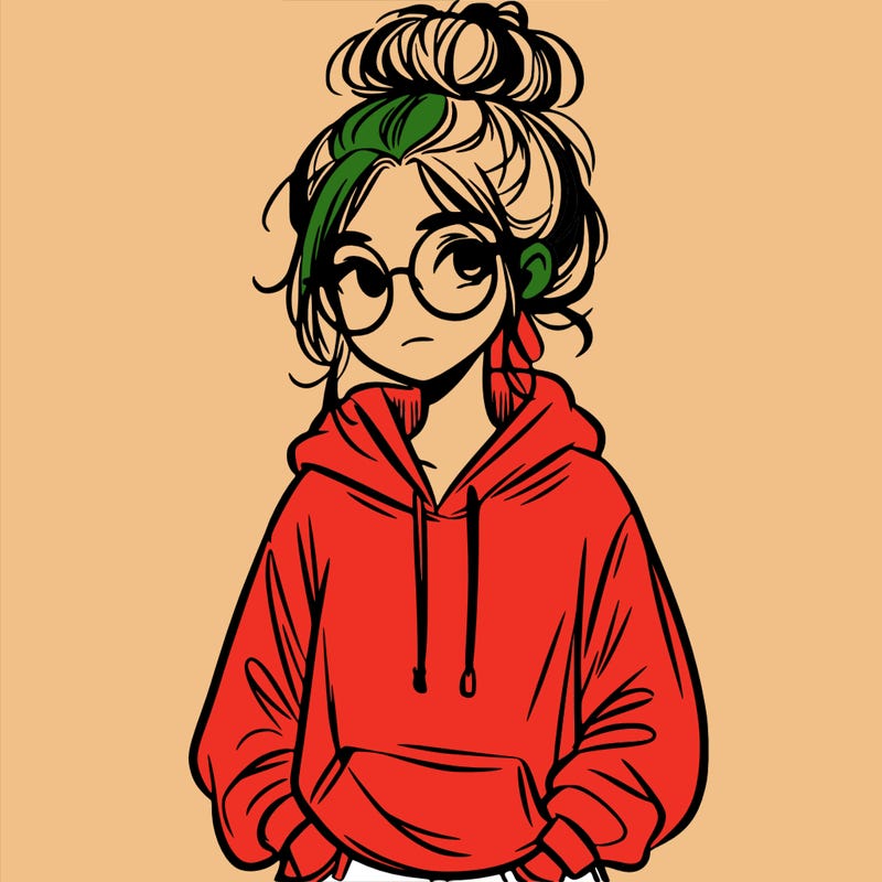 teen girl with a messy bun and glasses wearing a loose hoodie and jeans
