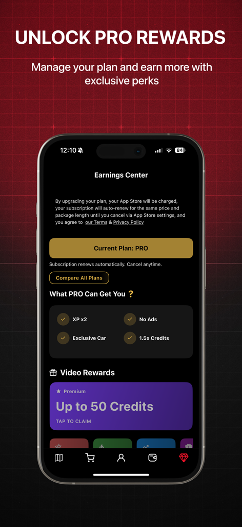 LETSTOP app interface showing pro subscription rewards and earning bonuses