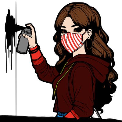 realistic girl with mask spray painting a wall