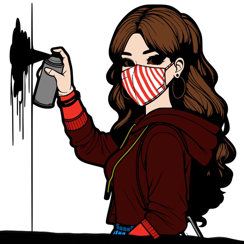 realistic girl with mask spray painting a wall