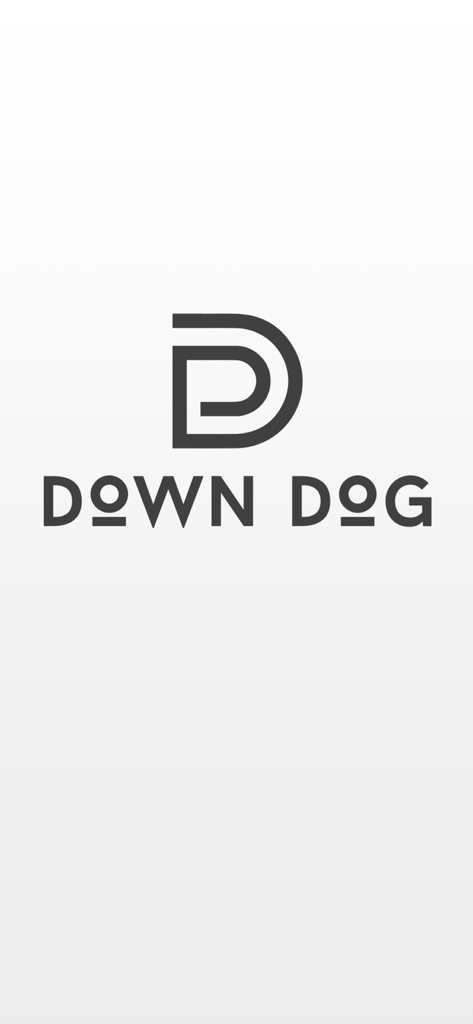 Down Dog Yoga - Logotipo minimalista negro de Down Dog y texto sobre un fondo blanco