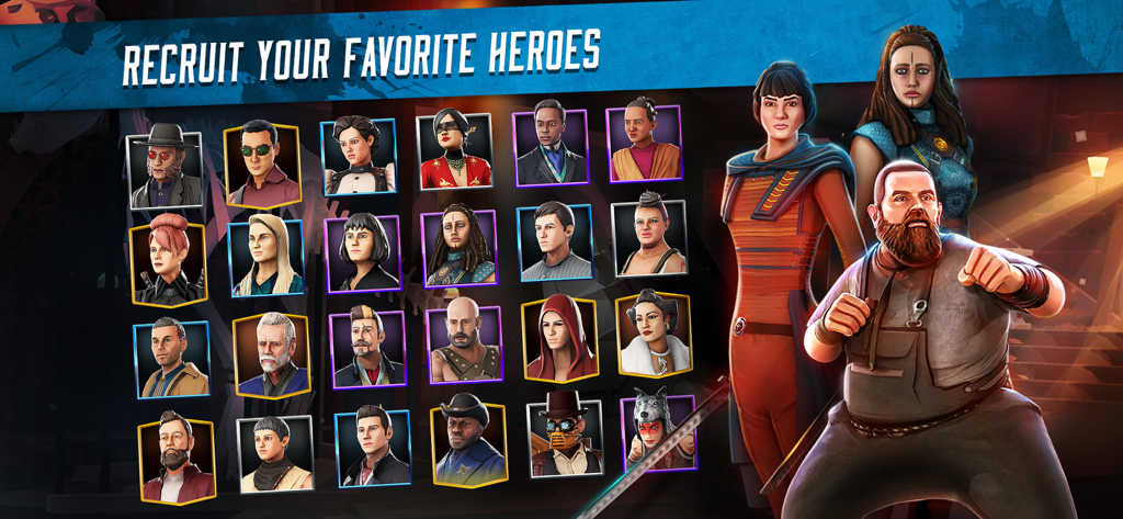 Ein Charakterauswahlbildschirm in Badlands Champions, der eine vielfältige Auswahl an zu rekrutierenden Helden zeigt.