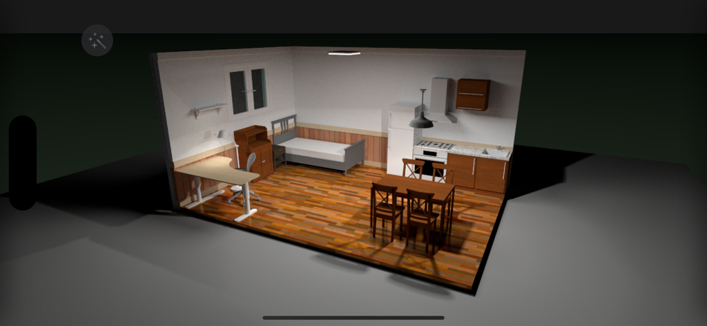 Un diseño de interiores en 3D de un apartamento tipo estudio con cama, escritorio y cocina americana con suelo de madera
