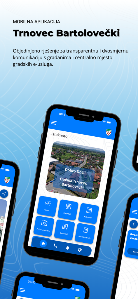 Moj Trnovec Bartolovečki - Panel de la aplicación móvil Moj Trnovec Bartolovečki que muestra servicios cívicos como la recolección de residuos y noticias