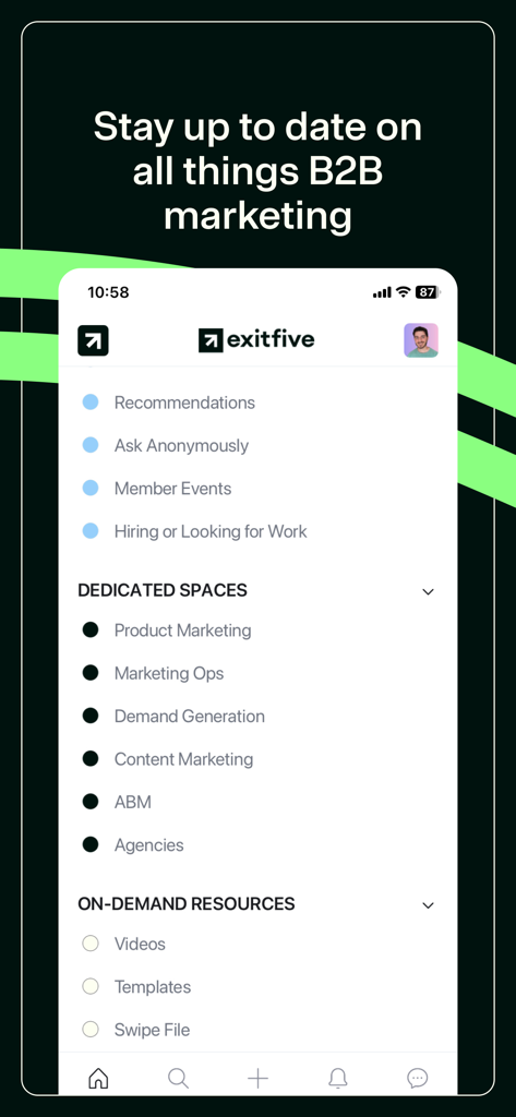 Exit Five - Exit Five app screen showing B2B marketing dedicated spaces and on demand resources.