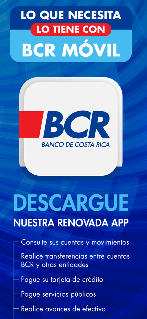 BCR Móvil - BCR Movil app promotional banner listing banking features in Spanish like transfers and bill payments