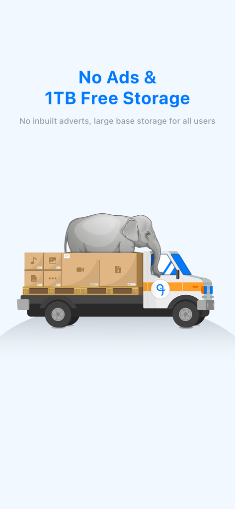 FEB (FebBox) – No ads, 1TB - Illustration of a delivery truck carrying digital files and an elephant promoting 1TB free cloud storage and no ads for the FEB app