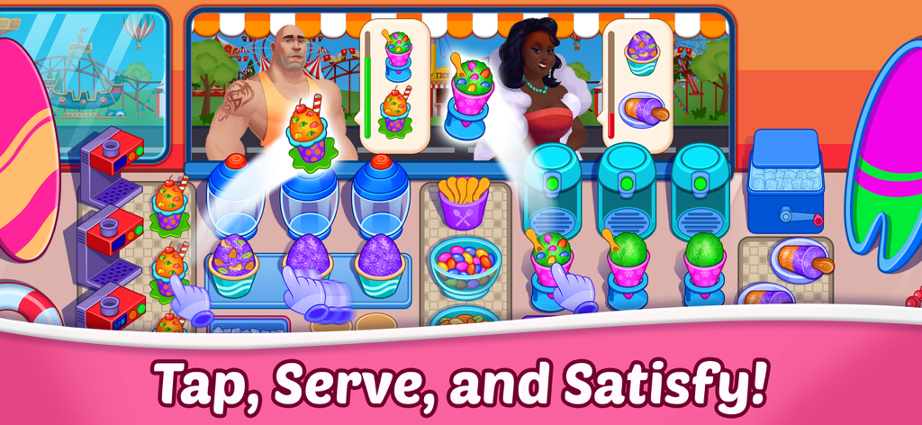 Ice Cream Fever : Cooking Game - Ice Cream Fever gameplay showing the tap to serve mechanic with colorful frozen treats and customers
