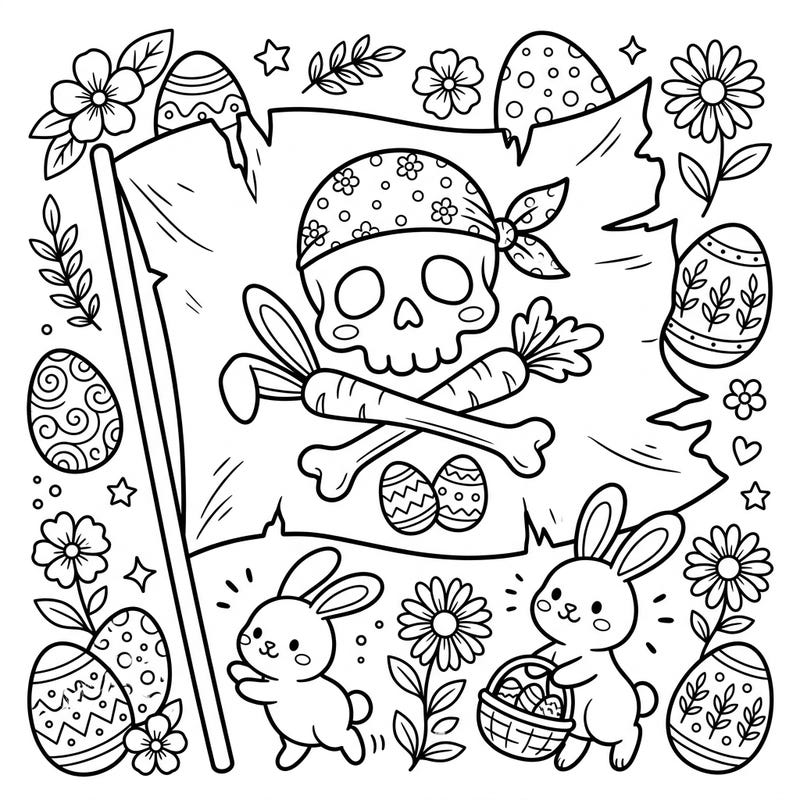 Prepare for an unexpected and delightful fusion of pirate lore and Easter joy with this unique coloring page. It features a playful Jolly Roger flag reimagined with charming bunnies, decorated eggs, and cheerful spring blossoms ready for your creative touch.