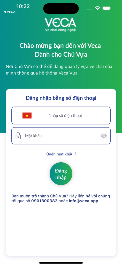 Veca Vua Ve Chai - Pantalla de inicio de sesión de la aplicación de gestión de reciclaje Veca Vua Ve Chai para propietarios de chatarrerías.