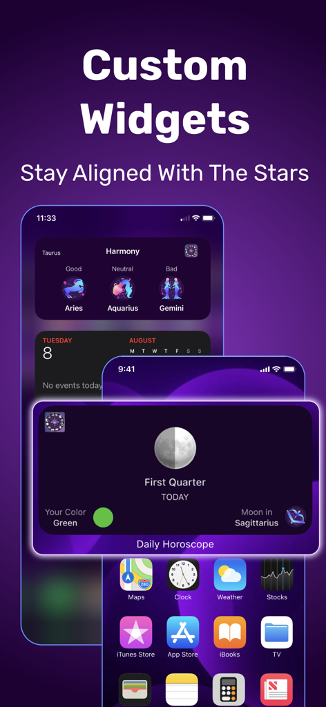 Customizable astrology widgets for iPhone showing moon phases and zodiac compatibility