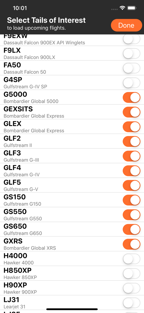 Aircraft tail selection screen in the ARINCDirect Mini app showing various business jet models
