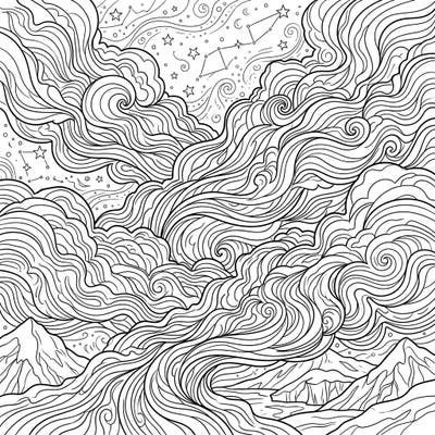 Unveil the ethereal beauty of Polar Stratospheric Clouds with this captivating coloring template. Featuring intricate swirling cloud patterns, distant mountains, and a starry night, it's perfect for a creative escape.