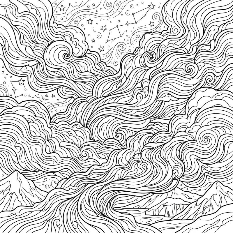 Unveil the ethereal beauty of Polar Stratospheric Clouds with this captivating coloring template. Featuring intricate swirling cloud patterns, distant mountains, and a starry night, it's perfect for a creative escape.